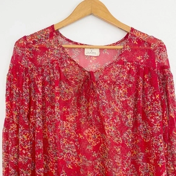 Anthropologie Pins & Needles Boho Red Floral Semi Sheer Long Sleeve Casual Top S - Picture 2 of 15